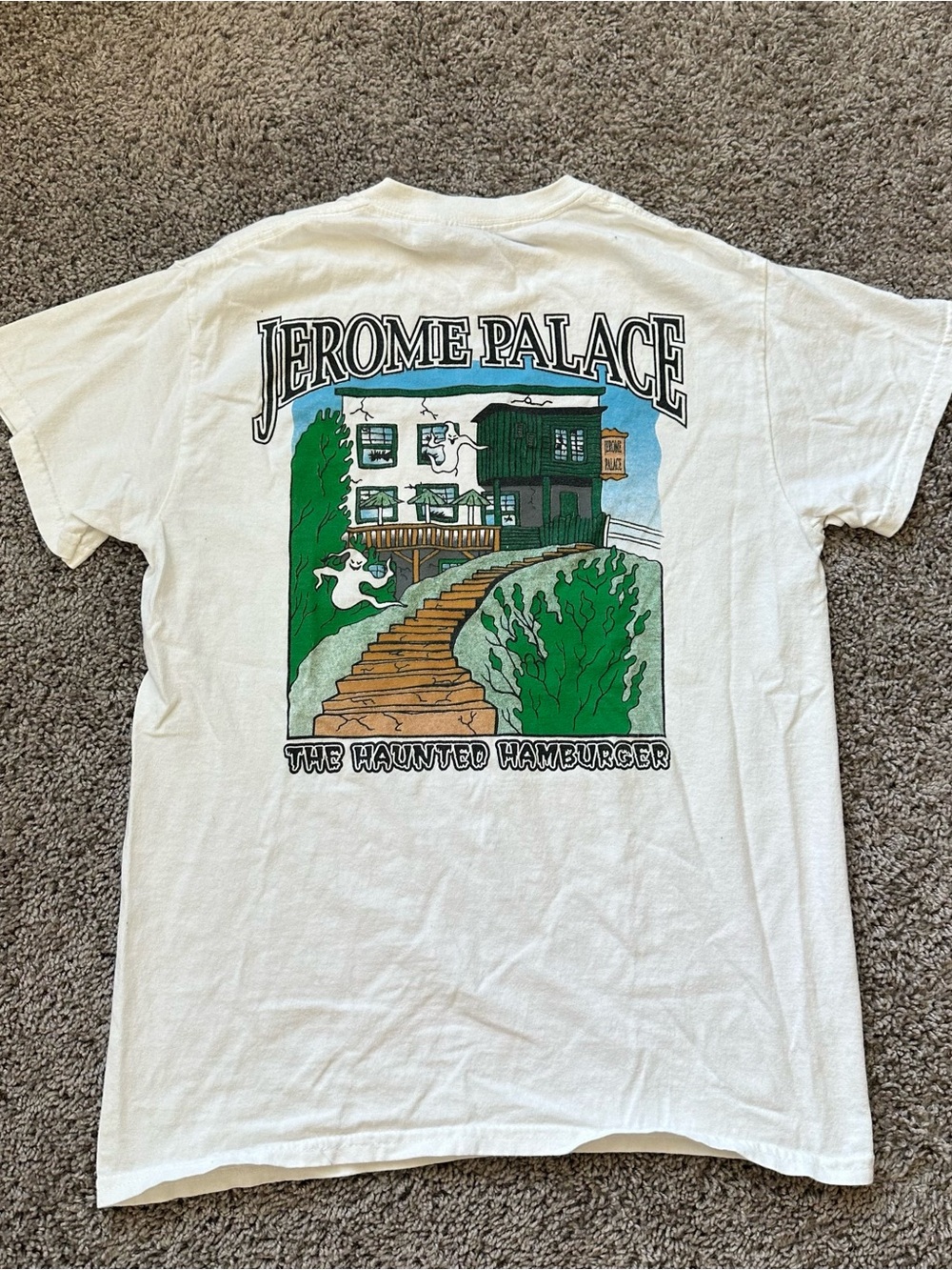 Gildan White Tee with Green and Blue Jerome Palace Haunted Hamburger Graphic